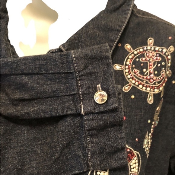 Quacker Factory Anchors Away Woven Shirt Sz. XL Denim Blue Cotton Stretch - Picture 3 of 9